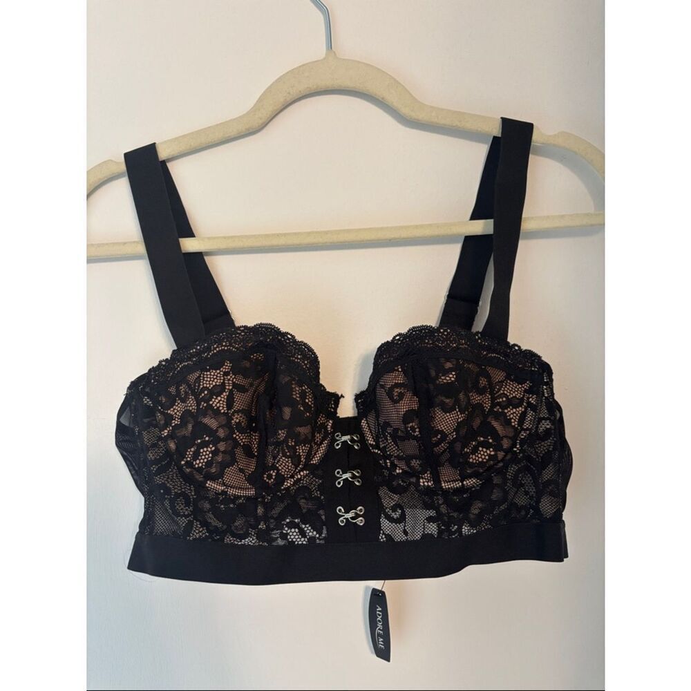 ✨NWT✨ Adore Me Black Lace Longline Bustier Bra with Silver Hook Accents Size 36B